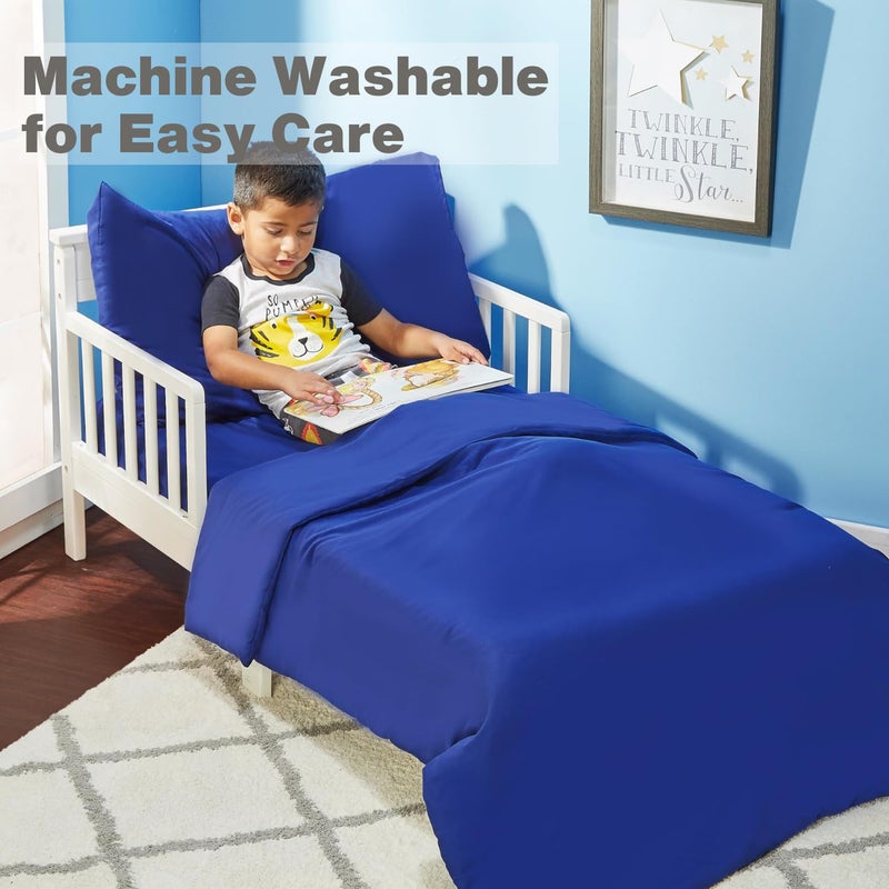 EVERYDAY KIDS 4 Piece Toddler Bedding Set - Includes Comforter, Flat Sheet, Fitted Sheet and Reversible Pillowcase - Solid Navy - Image 4